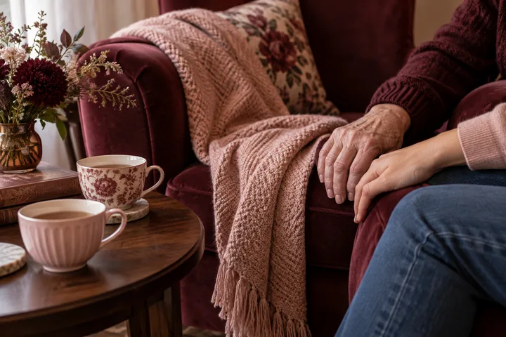 Two people hold mugs across a table while house keys and a folded burgundy-and-blush blanket sit between them during a conversation about boundaries and home.