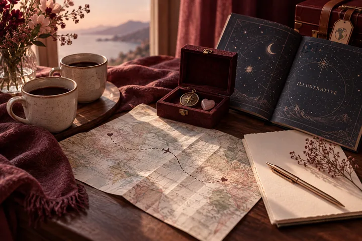 Two cups, a folded map marked with a dotted route and hearts, and an open star-patterned book labeled illustrative sit beside a small compass box and notebook.