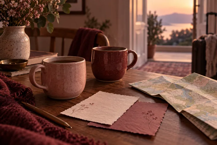 Two mugs, a folded map, a pen, and pressed flowers on paper sit on a table beside an open doorway.