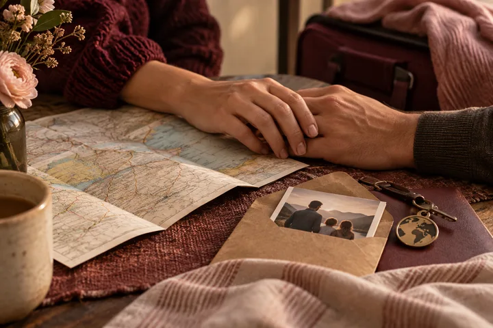Two hands rest together on a map beside a photograph, a set of keys, and a round globe pendant.