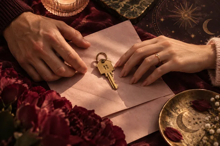 Two hands reach toward a house-shaped key on paper, beside a star and crescent moon design.