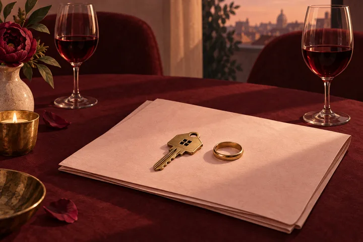 A house-shaped key and gold ring rest on paper between two glasses of red wine.