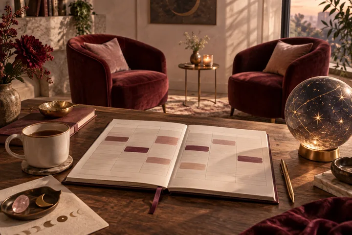 Burgundy editorial still life with two velvet chairs, an open planner, and an illustrative glowing celestial sphere suggesting room for partnership.