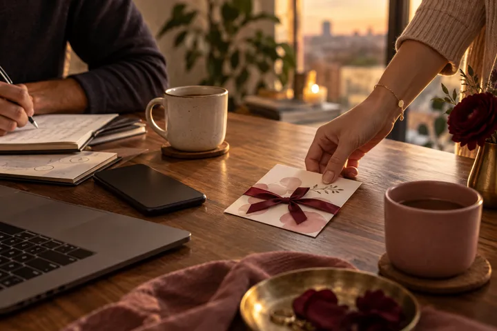 Warm tabletop scene where a woman places a burgundy-ribboned date card beside work materials, a face-down phone, and two cups.