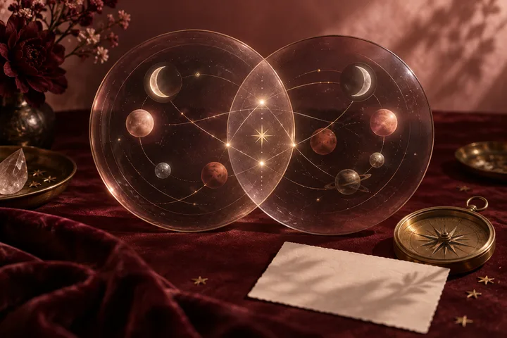 Two overlapping translucent illustrative celestial discs on burgundy velvet with connecting lights, a compass, and a blank note card.