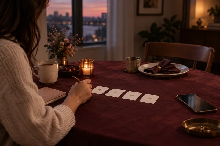 Woman calmly marking four abstract weekly tokens at a burgundy table with an empty place setting opposite, representing a four-week capacity check.