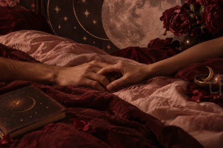 Two hands touch on burgundy bedding beneath a large moon and starry backdrop.