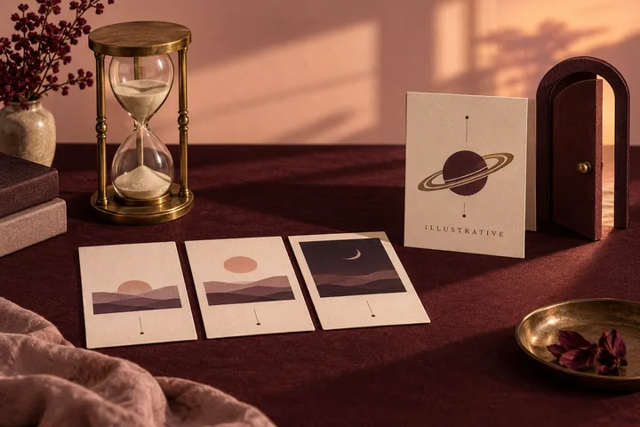 Burgundy and blush editorial still life with illustrative astrology cards, an hourglass, and an open doorway symbolizing different relationship rhythms