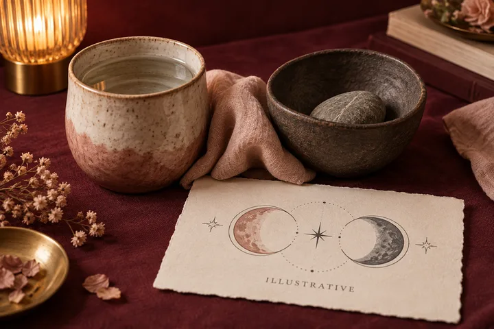 Two mismatched ceramic vessels, water and a stone, beside an illustrative Moon connection on textured paper