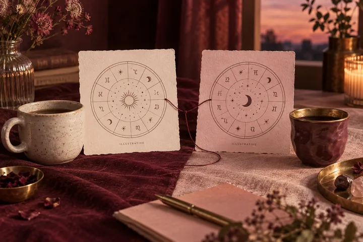 Two different illustrative astrology cards connected by a thread between mismatched cups in a warm burgundy room