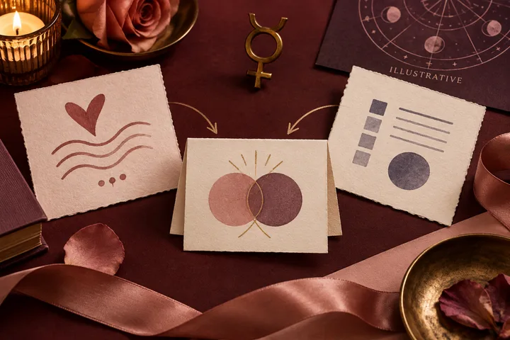 Two abstract affection cards converging into one shared note beside a brass Mercury symbol and an illustrative chart