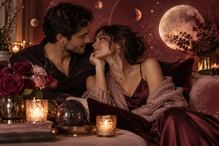 Two people gaze at each other on a sofa beside candlelight and roses, with a large moon and smaller planets against a burgundy starry backdrop.