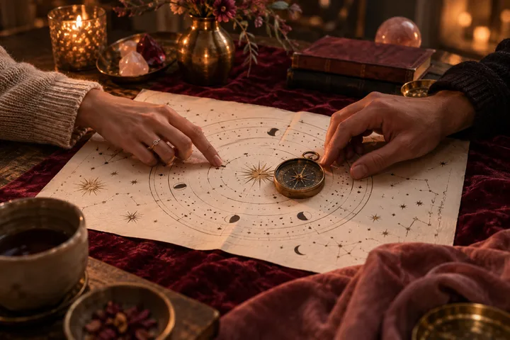 Two people point across an illustrative synastry chart beside a compass, suggesting a shared decision rather than one person taking control.