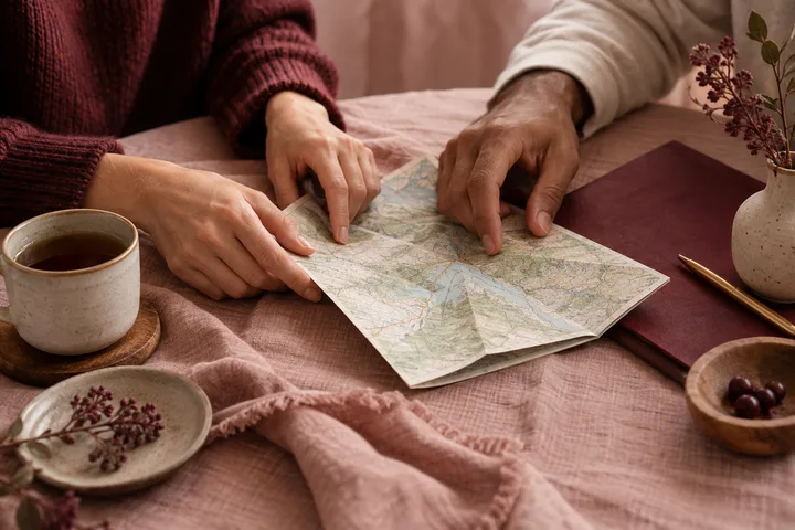 Two people study a folded map together, each pointing to the route, as an illustration of shared direction and joint choices.