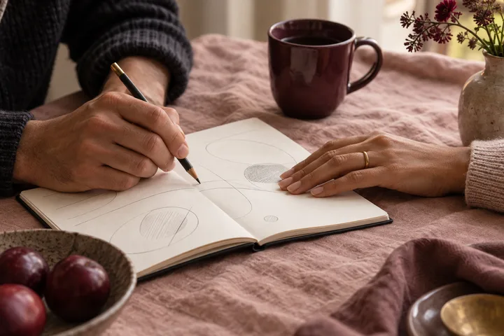 Two people mark connected circles in an open notebook, illustrating a couple working out responsibilities and shared consequences together.