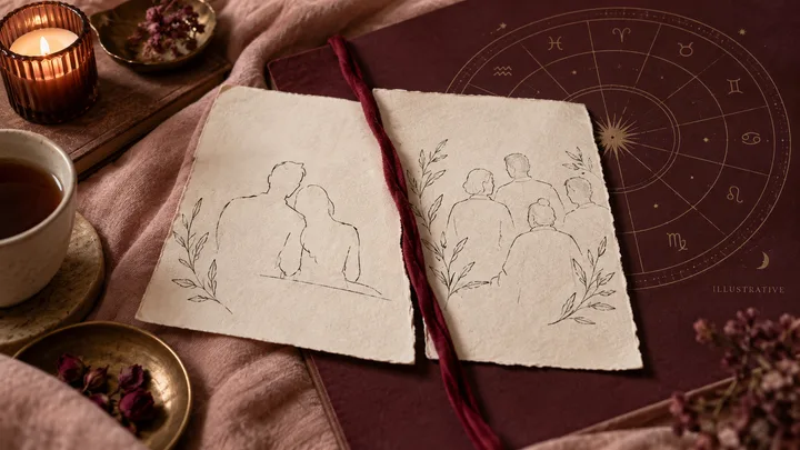 An open journal shows simple drawings of a couple and a family beside an illustrative zodiac wheel, a candle, tea cup, and dried flowers on burgundy fabric.
