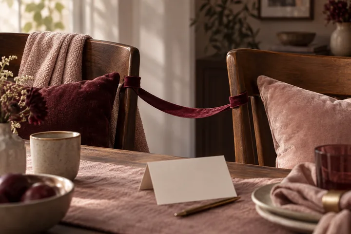 Two burgundy dining chairs face each other across a softly set table, joined by a ribbon beside a blank conversation card, showing a couple preparing to discuss family limits.