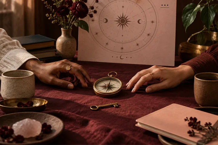 A warm burgundy editorial still life with two equal hands reaching toward a shared compass and an unsealed key, backed by a decorative illustrative astrology chart.