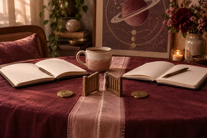 A burgundy and blush tabletop with two open notebooks, a shared cup, equal brass tokens, and an open wooden gate dividing but not closing a boundary conversation.