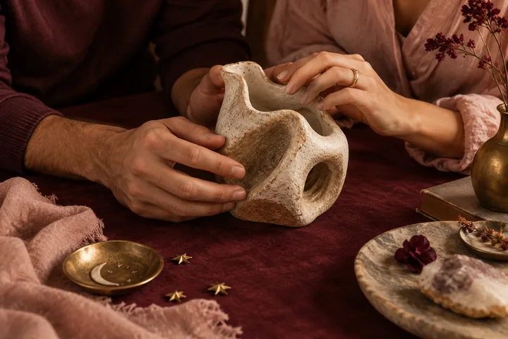 Two pairs of hands hold a rough, sculptural ceramic vessel over a burgundy tablecloth, beside a brass dish with a crescent moon and stars.
