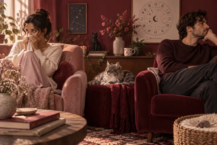 A woman holding a tissue sits apart from a man in a warm living room, with a fluffy cat between them and an illustrative astrology chart on the wall.