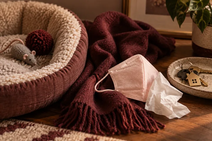 A pet bed with a small toy mouse sits beside a burgundy blanket, a pink face mask, tissues, and house-shaped keys on a wooden table.