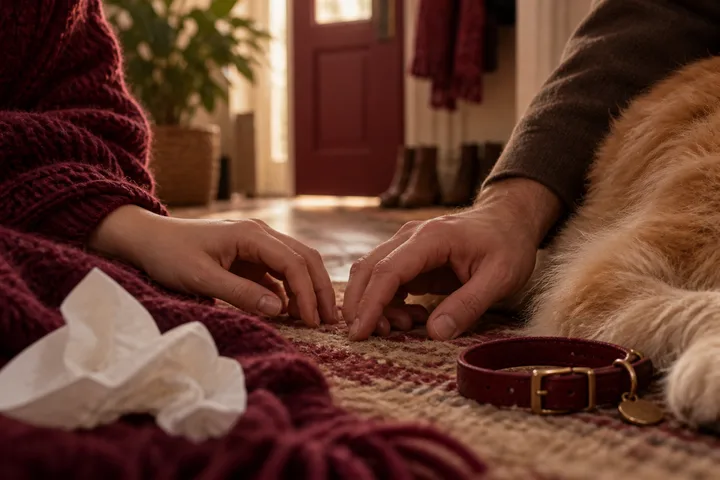 Two people reach toward each other across a patterned rug, beside a fluffy dog, tissues, a burgundy collar, and a blanket.