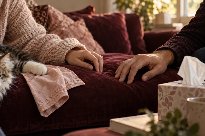 Two people sit on a burgundy sofa with their hands resting near each other; a cat, handkerchief, and tissue box are visible.