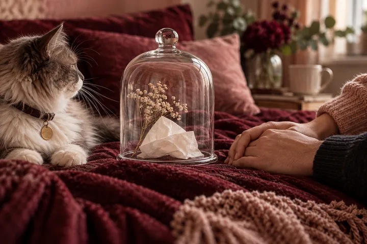 A fluffy cat lies on a burgundy blanket beside a glass dome containing flowers and a tissue, while a person rests their hands nearby.