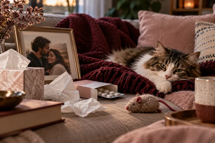 A fluffy cat lies on a sofa beside tissues, a toy mouse, a framed couple's photograph, and a blister pack of tablets.