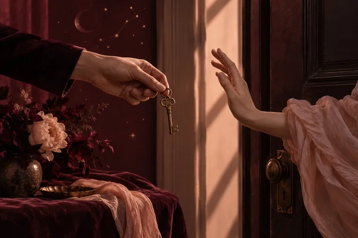 Close-up of one hand holding another person's forearm beside a burgundy ribbon, a circular zodiac-style diagram marked "ILLUSTRATIVE," a lit candle, and keys on a table.