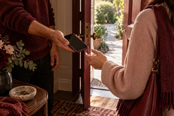 At a burgundy door, one hand offers a brass key with a tassel from an open doorway while another hand pulls a pink ribbon tied around the door handle.