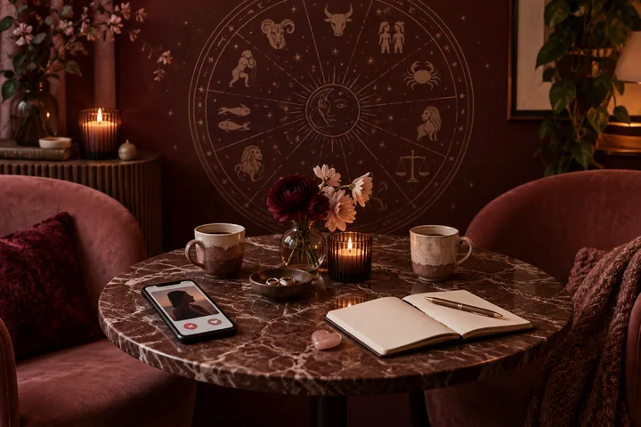 Burgundy editorial still life with a dating phone, open journal, key, flowers, and an illustrative synastry chart marked illustrative
