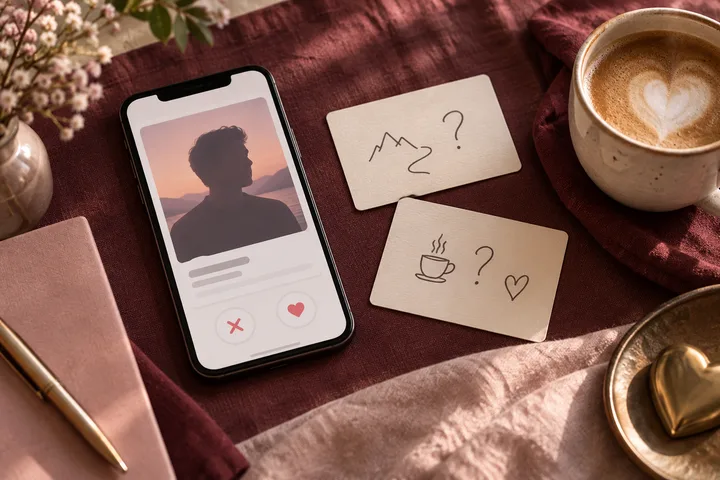 Warm burgundy and blush editorial scene with two speech cards connected across a table, an open journal, and a dating phone