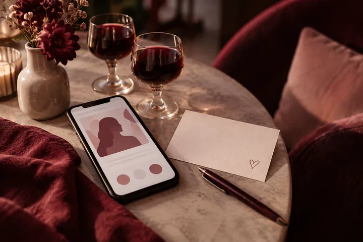 Close-up burgundy and blush editorial still life with a phone showing a generic caller silhouette beside a journal, mirror, candle, and flowers