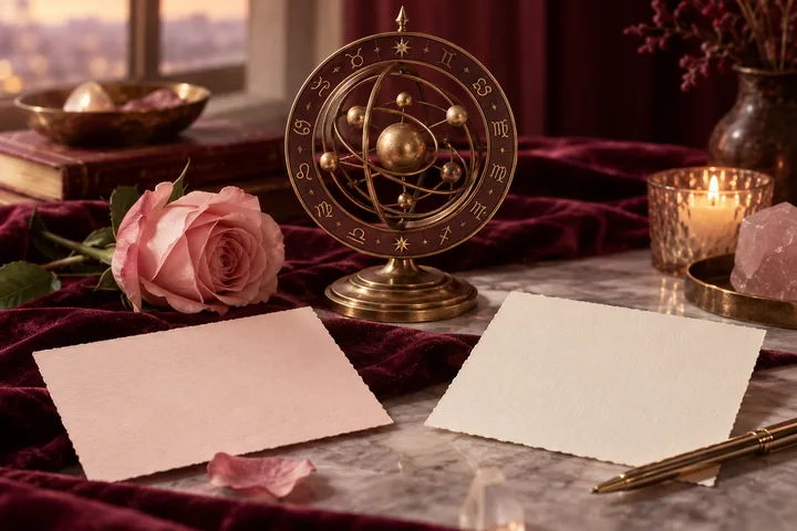 A brass zodiac-style armillary stands beside a pink rose and two blank cards on burgundy fabric.