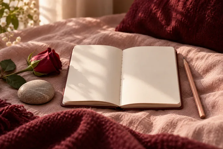 An open blank notebook and pencil rest on a pink bedspread beside a red rose.