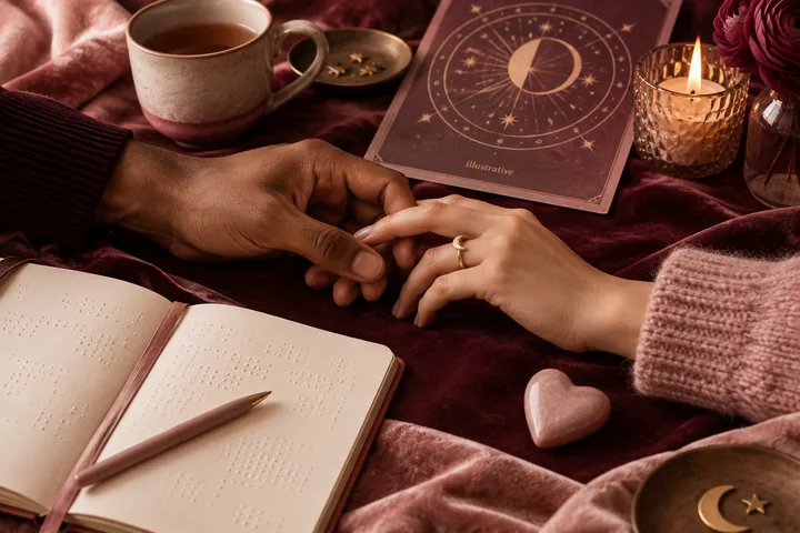 Two people's hands touch on burgundy fabric beside an open notebook with raised dot patterns, an illustrated astrology booklet, a candle, tea, and a heart-shaped stone.