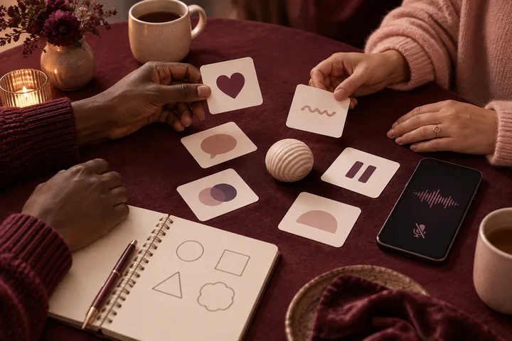 Two people hold cards showing a heart and a wavy line above other symbol cards, a notebook with geometric drawings, and a phone displaying sound waves and a muted microphone.