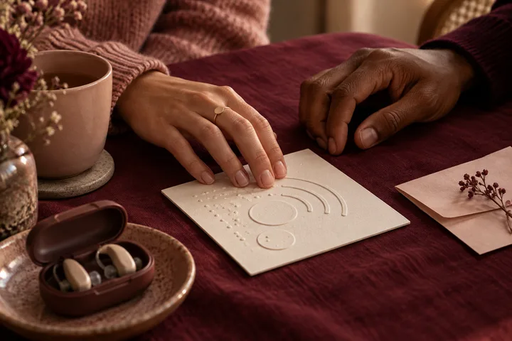 Two hands rest beside a card with raised dot patterns and curved lines; an open case containing two small hearing devices sits nearby.