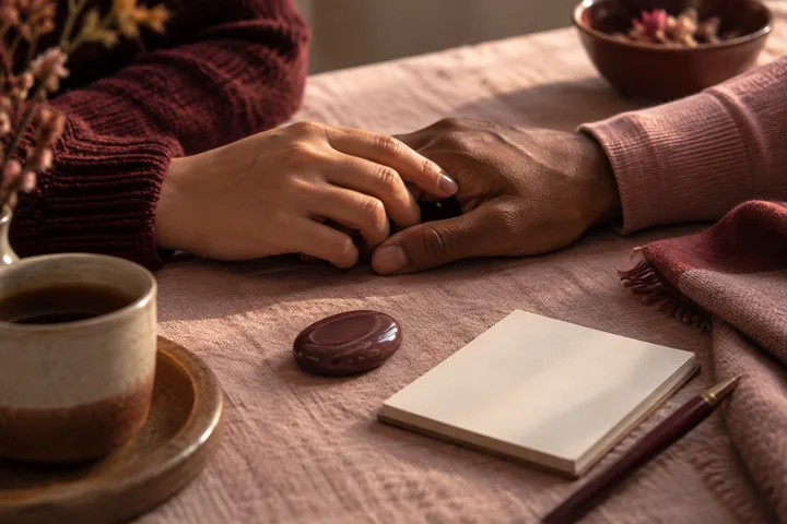 Two people's hands touch on a pale cloth beside a blank notebook, pen, cup of tea, polished stone, and folded fabric.