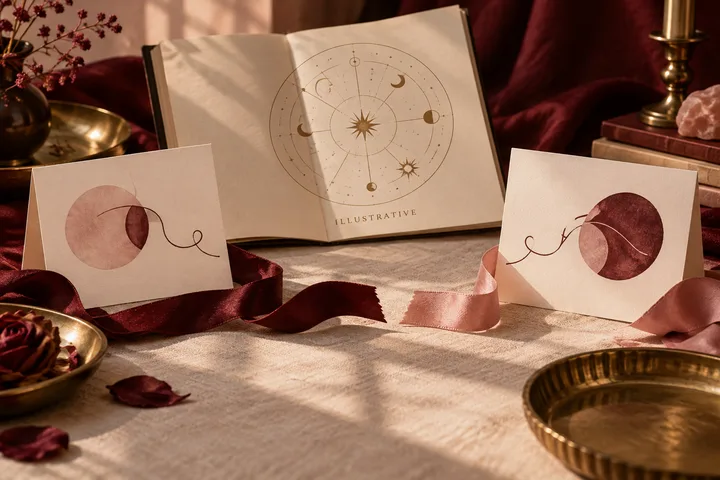 Burgundy and blush editorial still life with two note cards, reaching ribbons, and an illustrative astrology chart about communication and willingness to repair