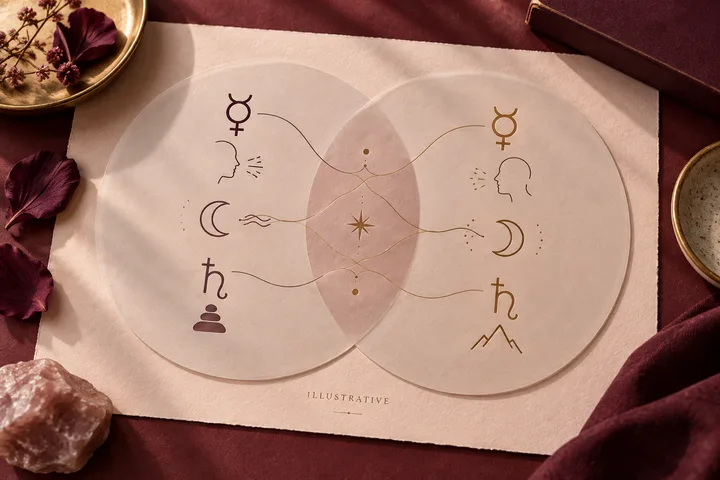 Overlapping translucent vellum circles with illustrative Mercury, Moon, and Saturn symbols representing two communication systems