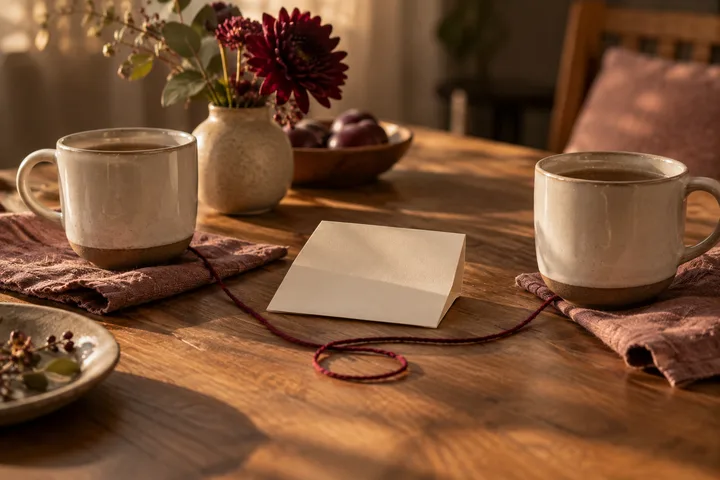 Two ceramic cups facing one another across a wooden table with a blank note and burgundy thread looping back toward it