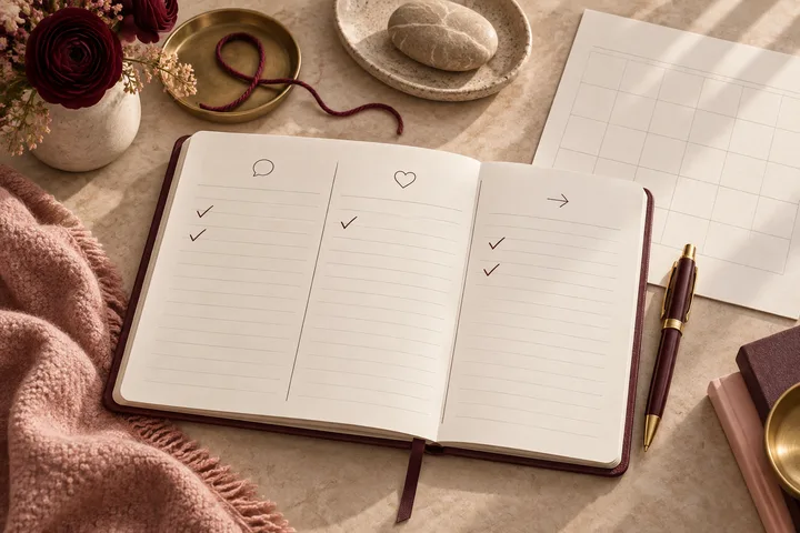 Open burgundy-bound notebook with blank ruled columns, check marks, a pen, calendar sheet, stone, and looping thread for tracking relationship follow-through
