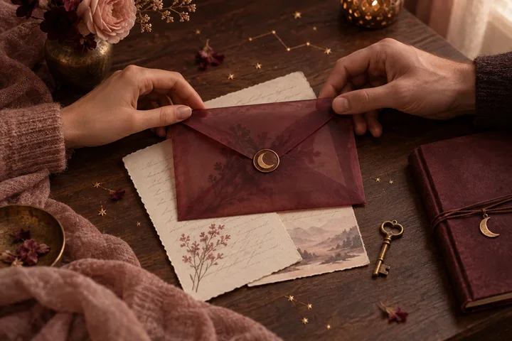Two hands hold a burgundy envelope sealed with a crescent moon, over handwritten papers on a table with a key and matching journal.