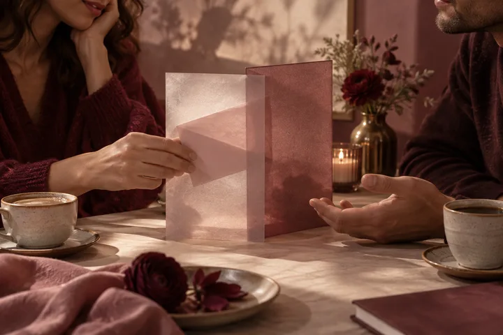 A woman places a pale envelope into a translucent sleeve as a man gestures across a candlelit table with coffee cups.