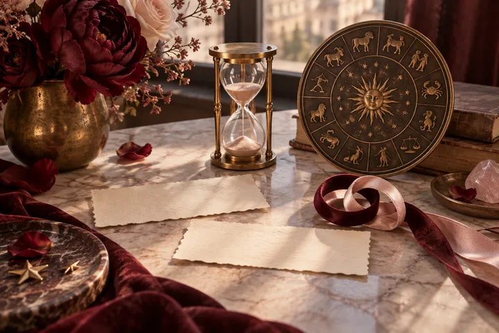A brass hourglass, a round zodiac wheel, burgundy flowers, two blank paper sheets, and intertwined burgundy and blush ribbons sit on a marble table.