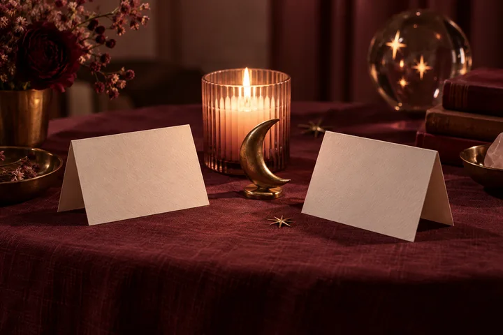 Two blank folded cards sit on a burgundy table beside a lit candle, a brass crescent ornament, flowers and stacked books.