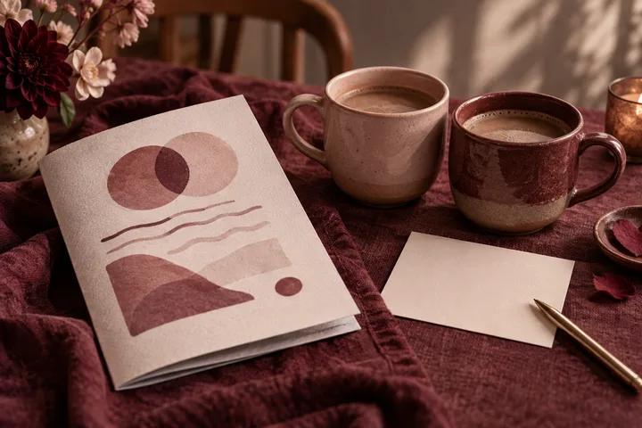 Two mugs sit beside a card with abstract shapes and lines, a blank card and a pen on burgundy fabric.
